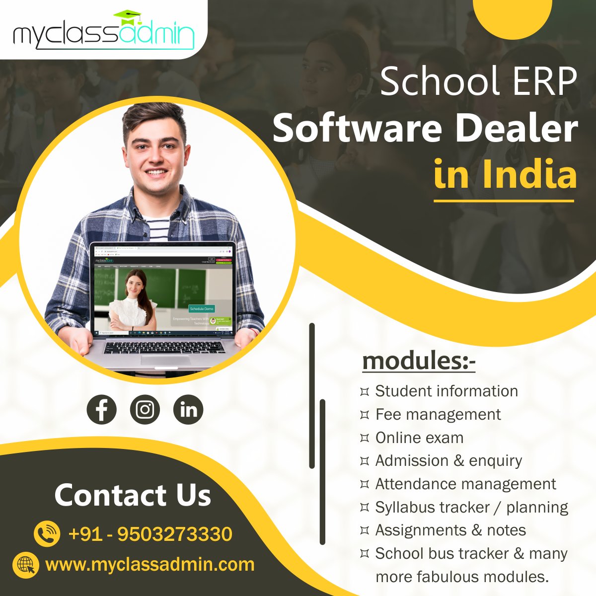 MyClass_A_dmin's tweet image. Change your traditional #school_management_system to digital. MyClassAdmin is a cloud-based #ERP_Software_Solution Providing various modern technology like online admissions, attendance, exam, fee management, student information, etc. Call us +91-9503273330 for more information.