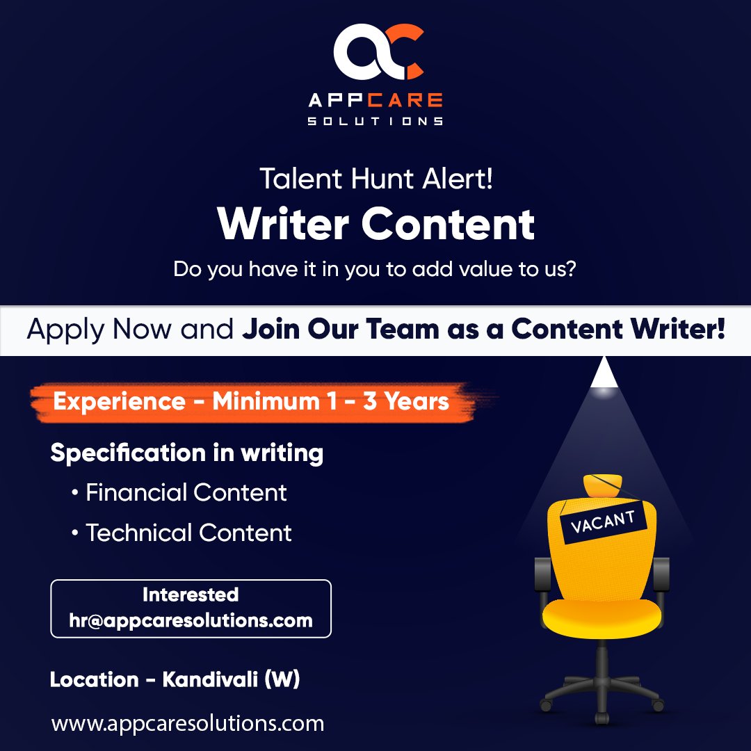 appcaresolutio's tweet image. If you have an eye for detail and a flair for writing Financial and Technical Content, email us at hr@appcaresolutions.com #contentwriters #contentwriterjob #contentwritingjob  #marketingagency #contentcreator #jobsinmumbai #technicalcontentwriter #financialcontentwriter