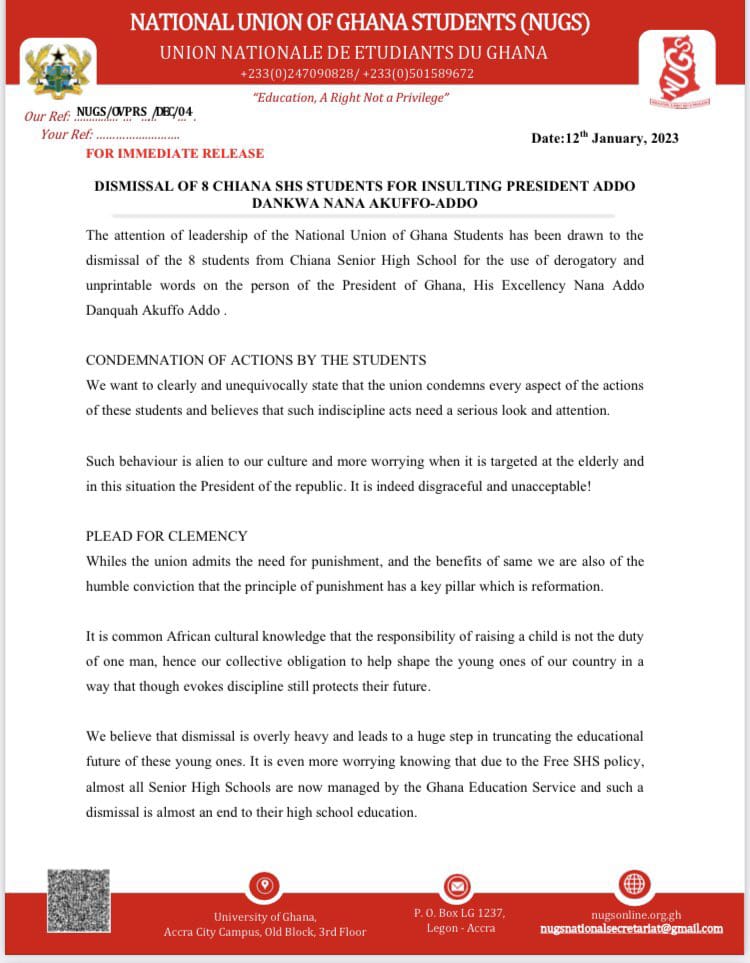 AmissTony's tweet image. NUGS Pleads For Clemency For 8 Dismissed Chiana SHS Students
@AmissTony23

National Union Of Ghana Students (NUGS) de krataa aba a Dennis Appiah-Larbi Ampofo (@dlarbiampofo )a ɔyɛ President nsa hyɛ aseɛ......1/2👇👀
#FREESHS