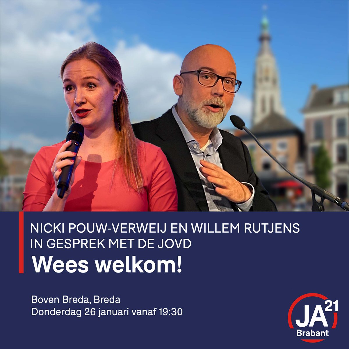 Op donderdag 26 januari gaan @Nickiverweij en <a href="/WillemRutjens/">Willem Rutjens</a> namens JA21 in gesprek met de Brabantse JOVD. Erbij zijn? Meld je aan via forms.gle/3Ctm5Gw1NW81Tc… !
