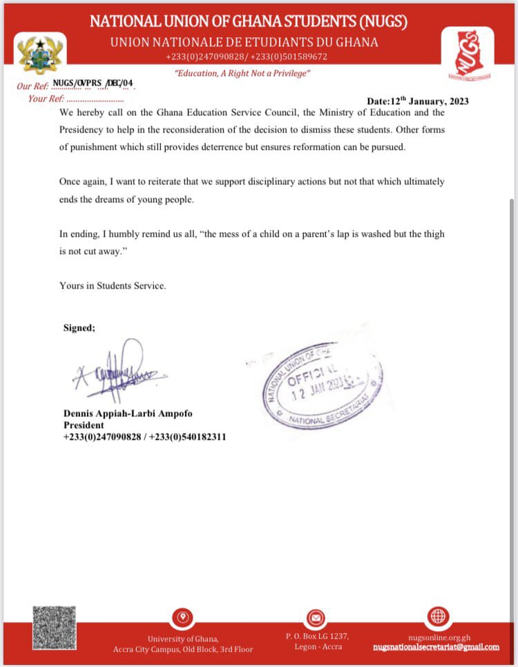 AmissTony's tweet image. NUGS Pleads For Clemency For 8 Dismissed Chiana SHS Students
@AmissTony23

National Union Of Ghana Students (NUGS) de krataa aba a Dennis Appiah-Larbi Ampofo (@dlarbiampofo )a ɔyɛ President nsa hyɛ aseɛ......1/2👇👀
#FREESHS