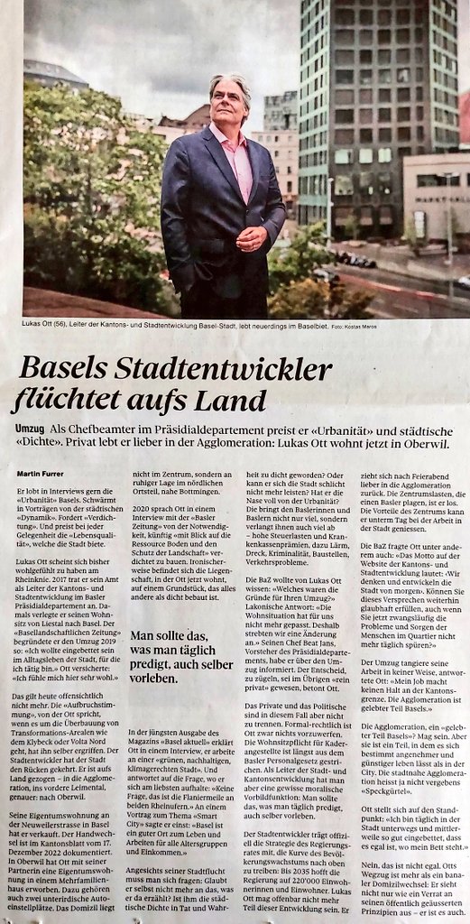 Baselobserver's tweet image. Stadtflucht des Basler Stadtentwicklers! Basler Zeitung von 13.1 2023: