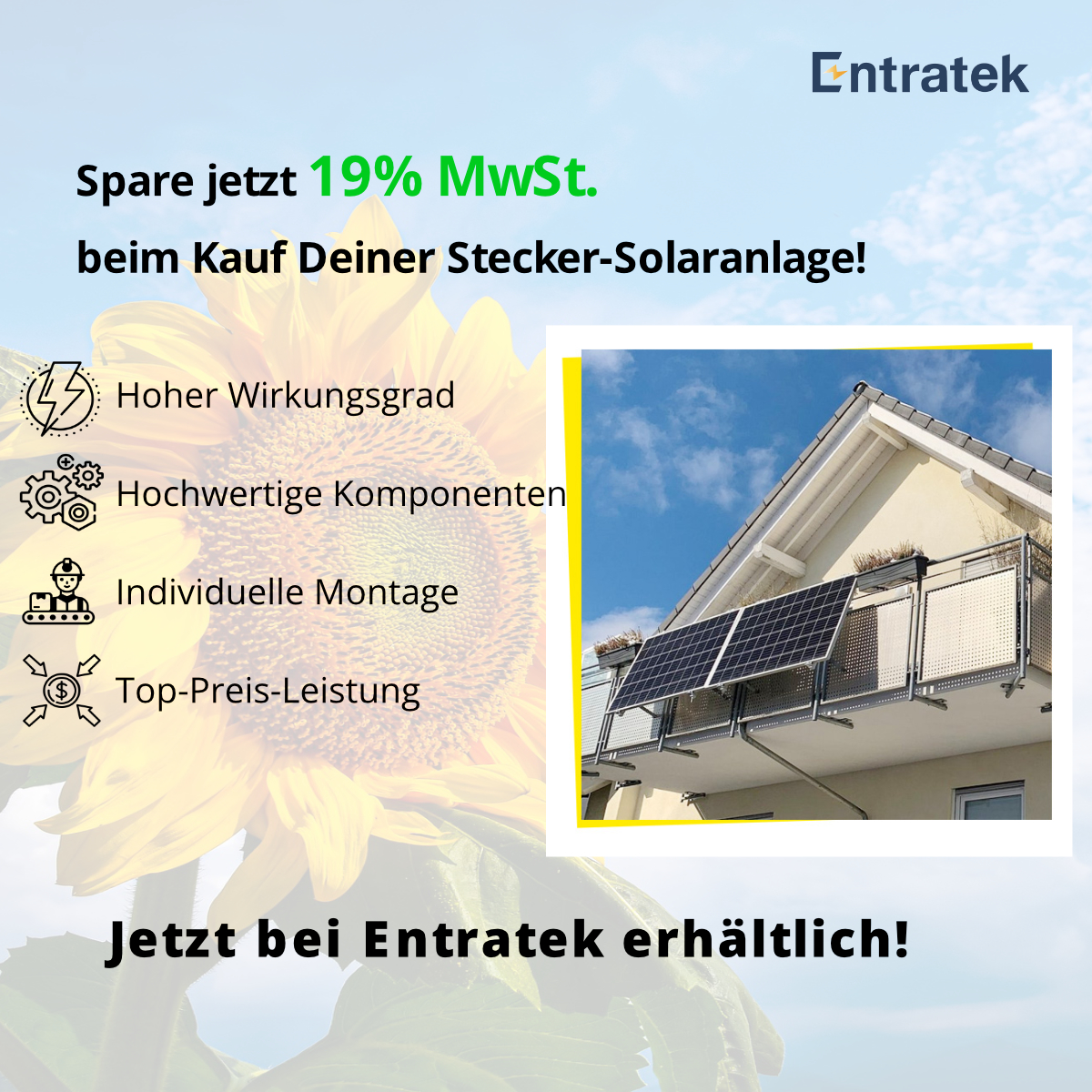 Entratek's tweet photo. Seit neuem Jahr zahlt ihr 0% MwSt. auf PV-Anlagen!
Willst du Energiekosten sparen 💰 und unabhängiger werden?

Dann wäre eine Mini-Solaranlage🌞 oder ein sogenanntes #Balkonkraftwerk was für dich.

Lies in unserem Ratgeber über die 0% MwSt. Vergünstigung: https://t.co/5yzFZGKDnv https://t.co/jA1AR8TKcc