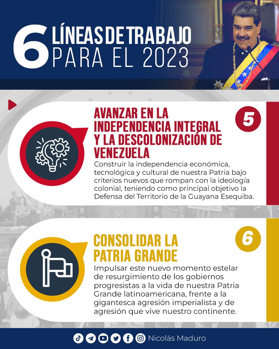 #AsiLoDijo || Pdte. <a href="/NicolasMaduro/">Nicolás Maduro</a>: Les comparto las seis líneas fundamentales de trabajo para este año 2023, que debe ser la concentración del esfuerzo nacional, de la unión de todas y todos por la construcción de la Patria.

#TuiteroPatria #13Ene #NoMásSancionesCriminales