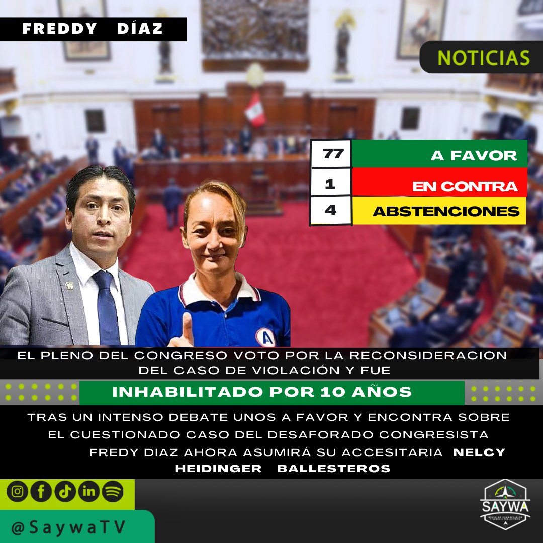saywatv's tweet photo. ||EL PLENO DEL CONGRESO APROBÓ LA RECONSIDERACION DEL EX CONGRESISTA FREDDY DIAZ POR SUPUESTO CASO DE VIOLACIÓN Y FUE INHABILITADO POR 10 AÑOS. https://t.co/FuxnD3JrHj