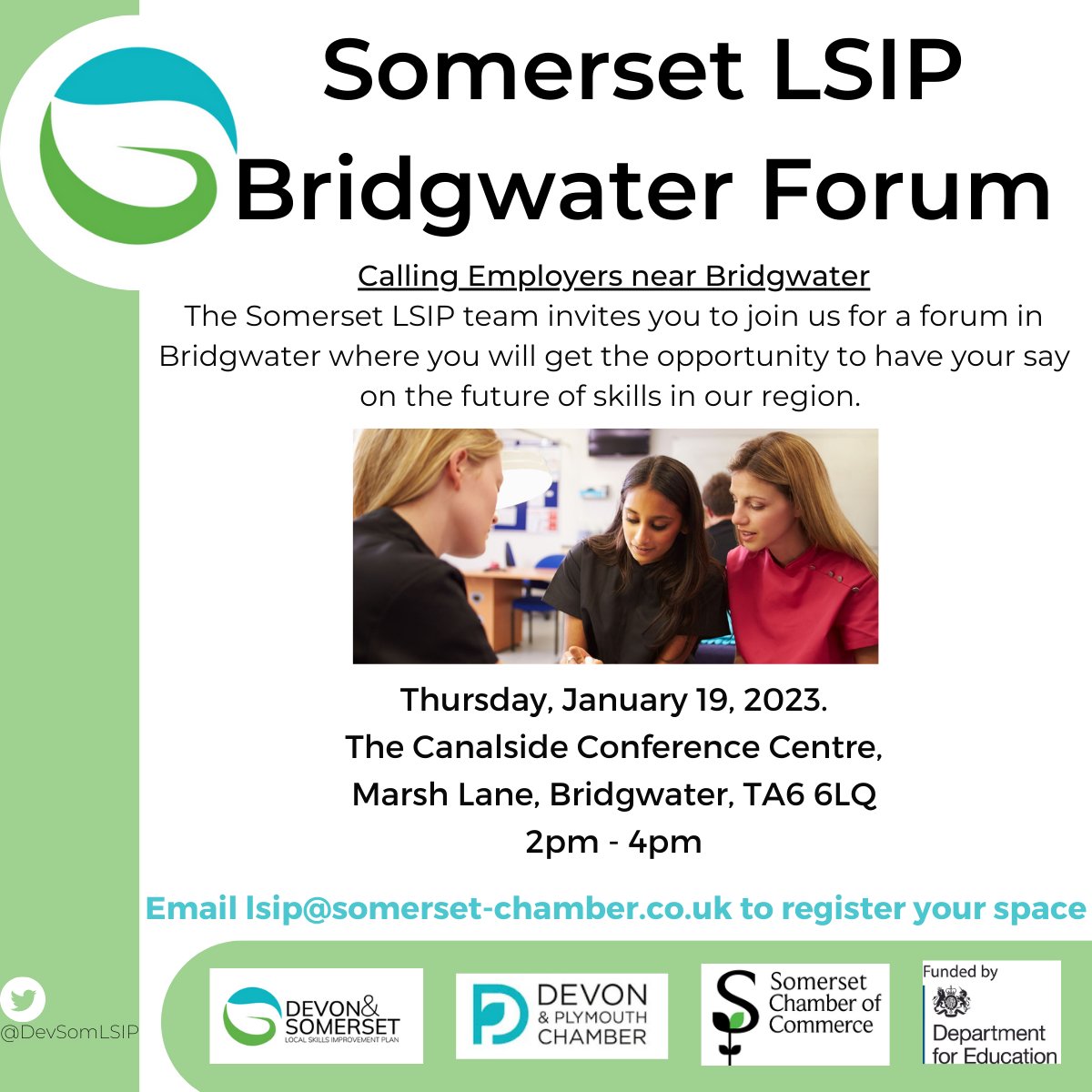 Calling all employers in Bridgwater and the surrounding areas! We are hosting a Local Skills Improvement Plan (LSIP) forum at The Canalside in Bridgwater to demonstrate how you can have your say.
To register today email us at lsip@somerset-chamber.co.uk