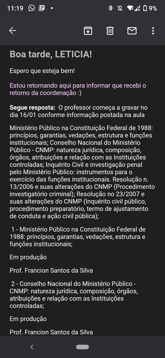 leeresende_'s tweet photo. Oi @gran_online 
Seus funcionários estão de parabéns viu! 
Solicitei um material que faltava, e...🤷🏻‍♀️
Será postado um dia antes da prova. Fiquei até com preguiça de responder. Falta de organização e pouco caso com outros cursos que não são sobre direito. https://t.co/w98WidTdMI