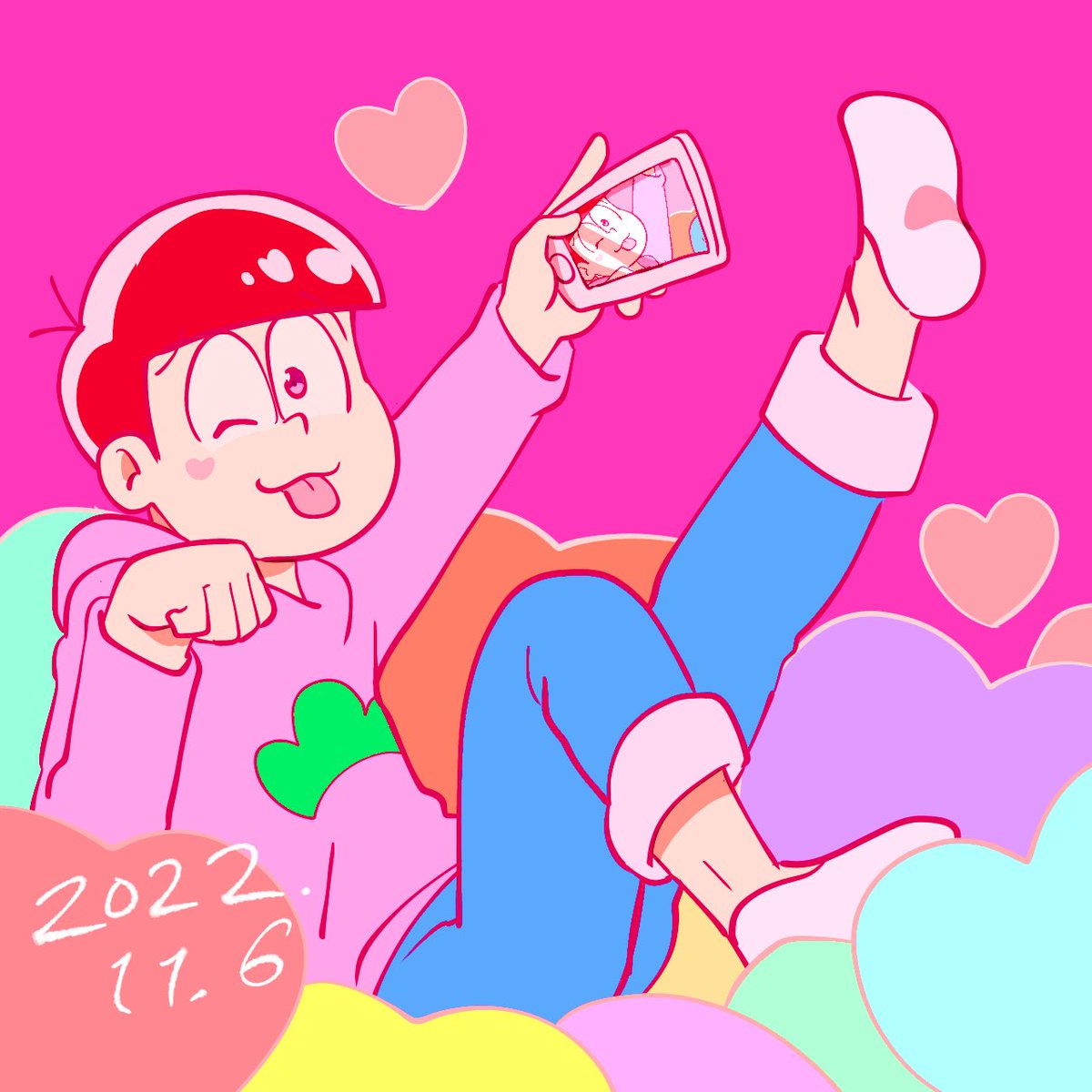 チョロ松 ,一松 ,十四松 ,カラ松 ,松野おそ松 ,トド松 「#絵を彩度100にすると超派手白オソに色がついちゃったよ 」|版権の星形ティムのイラスト