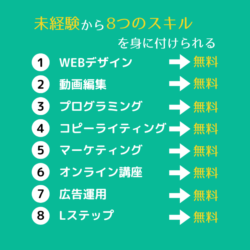 SDB_OIU's tweet photo. 8つの内、どのスキルを身に付けたいですか？どれでも構いません。なぜならどのコースも“無料”だからです。
多くの人とビジネスをしたいという思いからWEBデザインや動画編集など、8つの講座を無料提供しています。
「無料なんて信じられない」と思うならLINE登録して、実際に受講してみてください▼