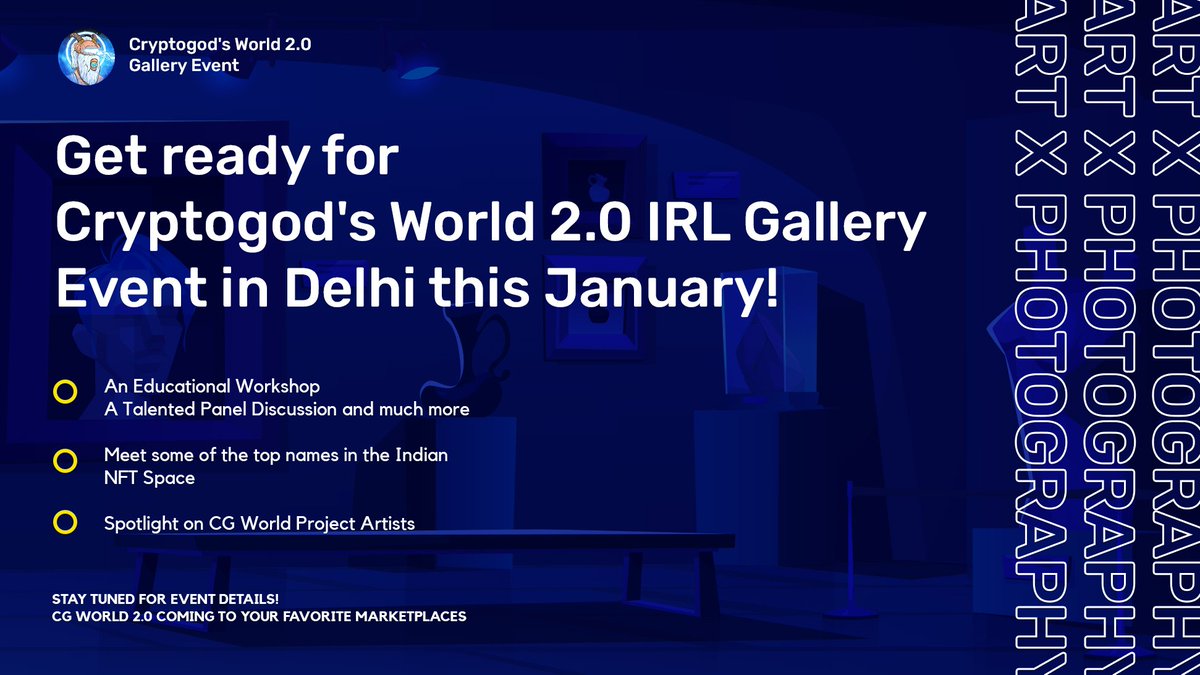 Cryptogod's World going places 🔥

We are organising India's First NFT Gallery for an Art Fusion Project ❤️

Happening in Delhi this month itself! ⭐️

Stay tuned for more details 😉