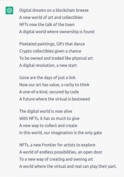 flumenft's tweet photo. An NFT Poetic Exploration:

Thanks ChatGPT for creating this!

#NFT #poem #Blockchain https://t.co/KTAoYNXxYF