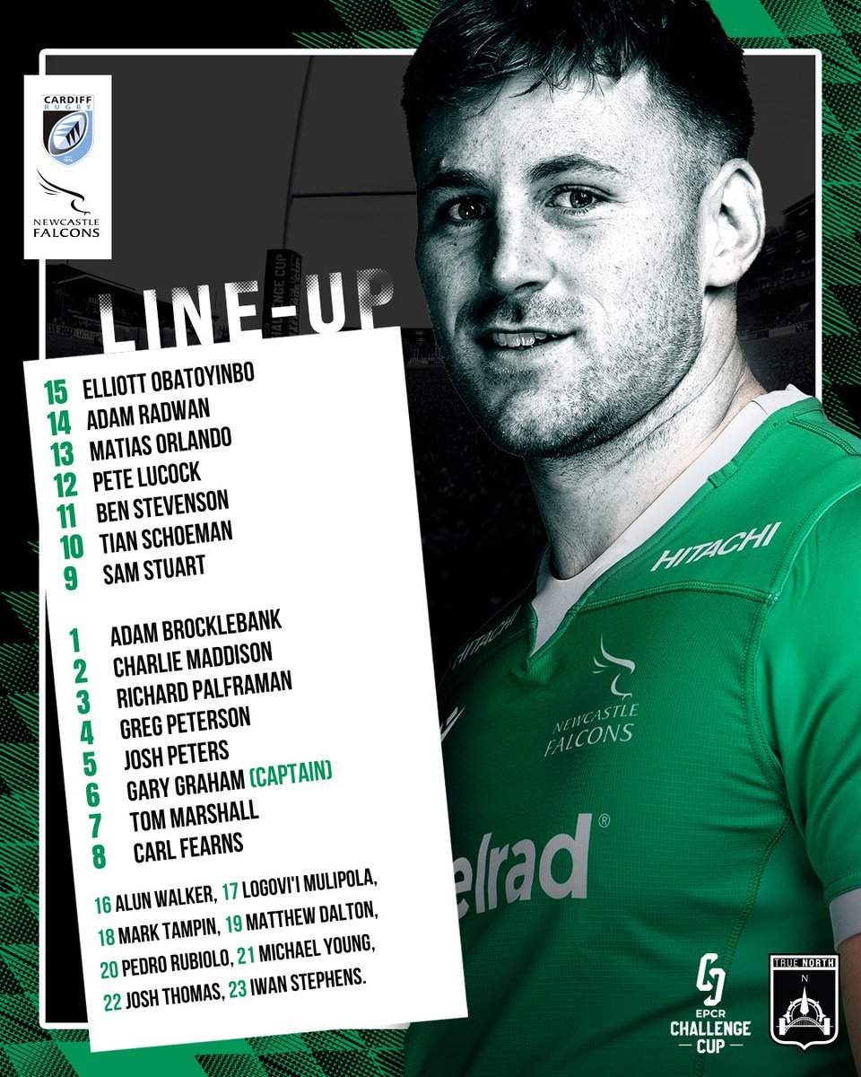 𝙏𝙀𝘼𝙈 𝙉𝙀𝙒𝙎

Newcastle Falcons have named their side for Sunday’s EPCR Challenge Cup trip to Cardiff.

Gary Graham captains the team for the 1pm kick-off, which is being televised live on Viaplay.

newcastlefalcons.co.uk/news/story/Tea…

#TrueNorth