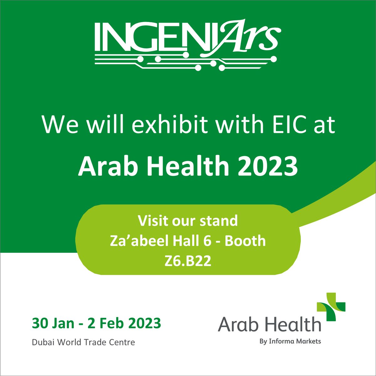 Let's start this 2023 by bringing our Telemedicine Division up to Dubai for the @Arab_Health, 30 Jan - 2 Feb. at Dubai World Trade Center. We will exhibit with the European Innovation Council and SMEs Executive Agency (EISMEA), come find us at Za’abeel, Hall 6 – Booth Z6.B22.