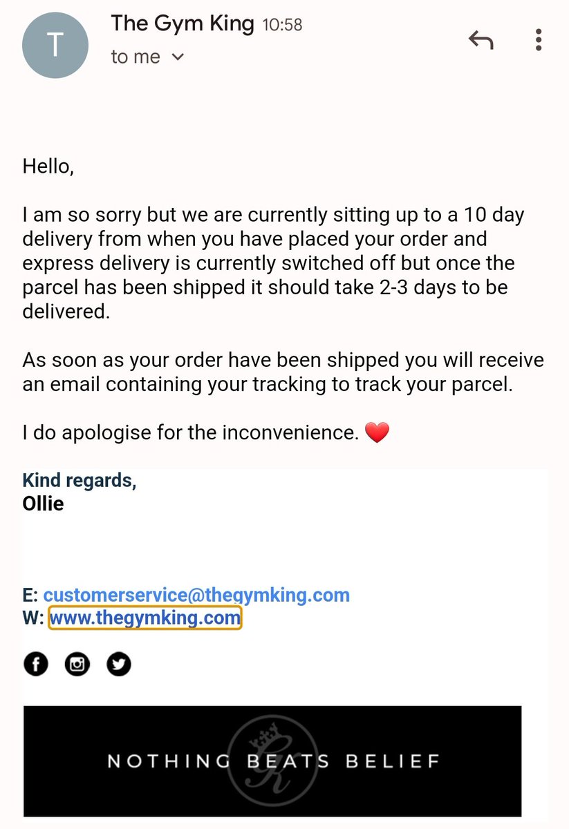 daisykitten's tweet photo. @Justmeupnorth @JDSportsIE @gymking_ @gymking So I just had this email- 10 days dispatch? Why? Furthermore I placed this order 17 days ago and its not even been dispatched! I have repeatedly requested a refund and this is ignored and this sort of response is given.  This is not good enough @gymking_ I want a full refund now https://t.co/F7RqMeZP1B