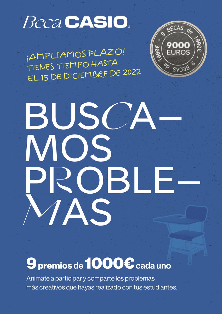 Apoyamos a lxs docentes, visibilizando y premiando su trabajo con la #BecaCASIO. 
9 premios de 1000€ cada uno para aquellas secuencias de aprendizaje en que la calculadora sea una herramienta didáctica necesaria para su resolución. #BuscamosProblemas
👇
edu-casio.es/beca-casio/