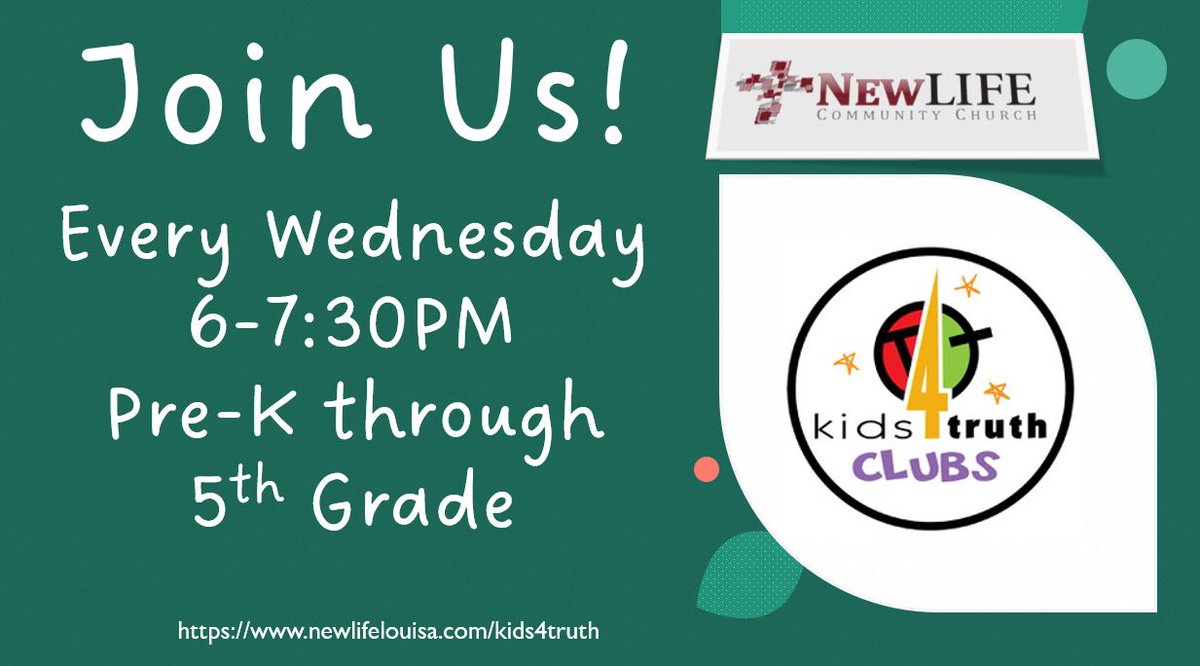 NewLifeLouisa's tweet photo. We're so excited to announce that Kids4Truth is back!!! 
Please join us as we kickoff on Wednesday, 
January 18th from 6-7:30PM. https://t.co/k7QVx5Z9qT
