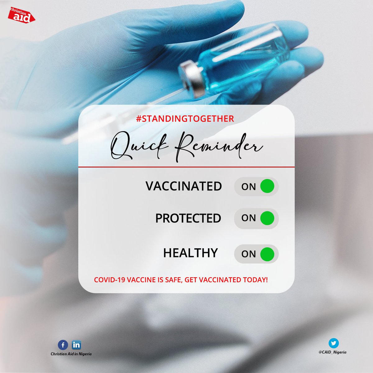 CAID_Nigeria's tweet image. #Quickreminder

Now that we can move around freely, we have a chance to return to the people and places we love.

Let us stay safe by taking the #COVID19Vaccine .

The #vaccine is safe; Get Vaccinated Today!

#VaccineHesitancy
#COVID19
#GetVaccinated #covid #staysafe