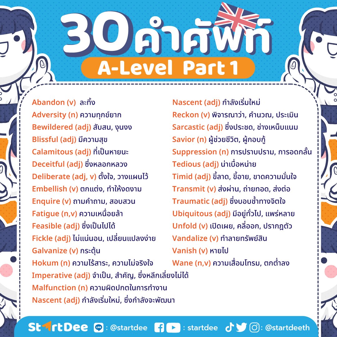 startdeeth's tweet image. เริ่มเลยไม่ต้องรอ ! รวมศัพท์ A-Level อังกฤษ part 1 คัดมาให้เน้น ๆ 

คอร์ส A-Level อังกฤษ  #dek66  มาพร้อม tips &amp;amp; tricks ติวสนุก สรุปครบจบทุกพาร์ต ทั้ง Grammar, Reading, Vocabulary พร้อมข้อสอบตะลุยโจทย์จัดเต็ม
👉สนใจคลิก&amp;gt; startdee.typeform.com/to/C1GoXLJb

#TCAS #tcas66  #ALevel #ALevel66