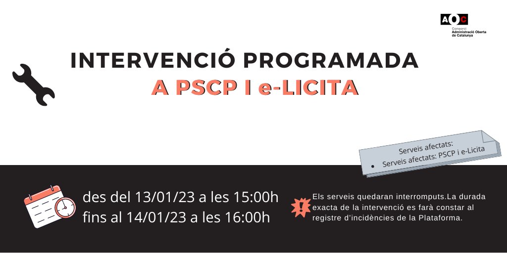 Suport_AOC's tweet image. ❗🔊Comença la intervenció programada a #PSCP i #eLicita per la qual quedaran interromputs.
⌛ 13/01 15h ➡️14/01 16h 
❗Tenir en compte el període de manca d’accessibilitat en el càlcul de terminis, així com la necessitat de no establir-hi la finalització
aoc.cat/estatserveis/?…