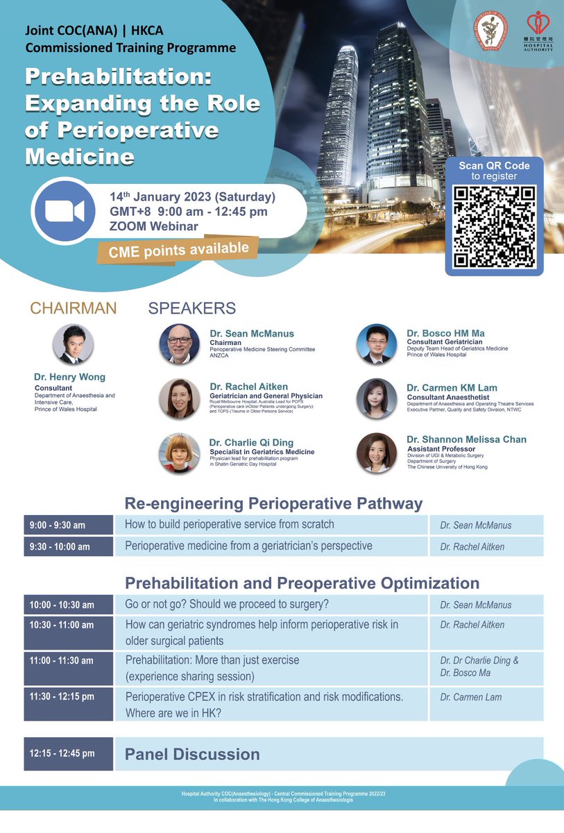 Looking forward to presenting on perioperative care of older people and geriatric syndromes tomorrow at the Central Coordinating Committee / Hong Kong College of Anaesthetists Perioperative Webinar - registration is free for all to attend, see poster with QR code attached