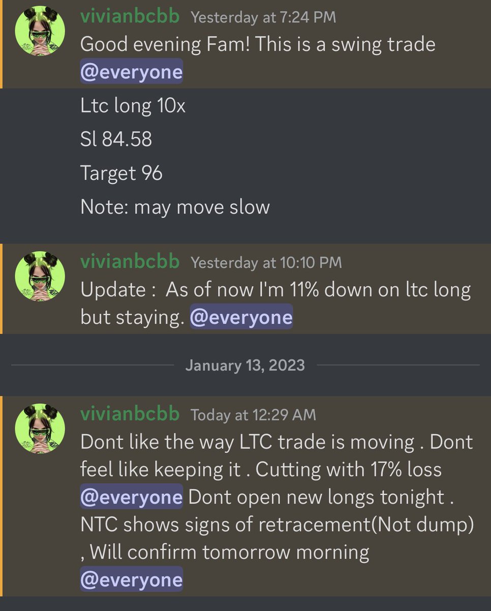 CryptoG450396's tweet photo. @CryptotraderCB8 @sasankj Lol how about this loser call that she didn’t even provide any justification for 

$LTC loss with no SL given 

Irresponsible to her discord followers @blockchainedbb https://t.co/5QrW2UPJOi