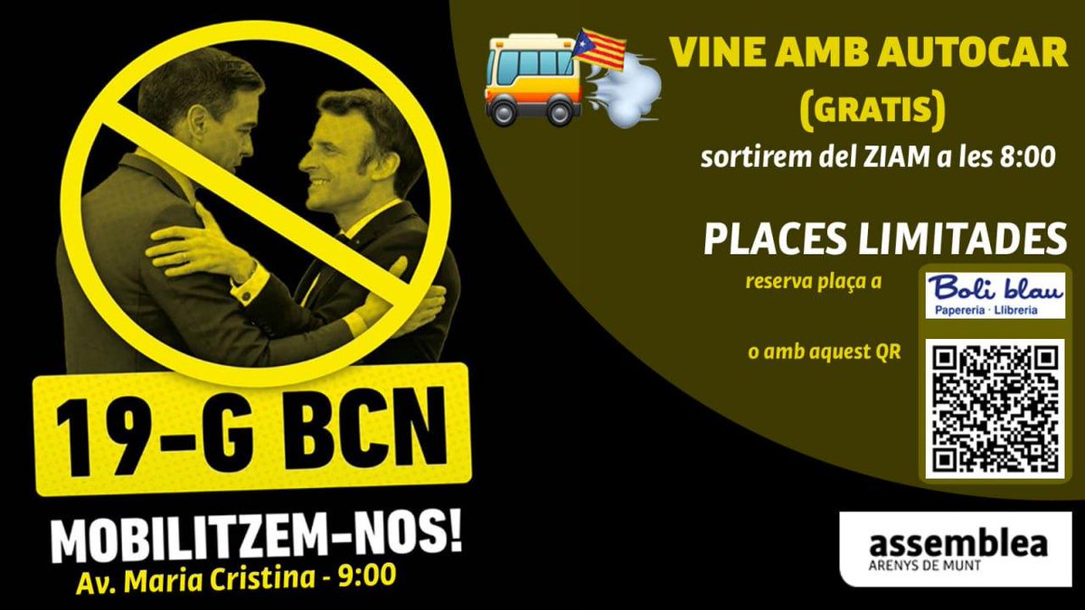 ✊ Demostrem a l'estat espanyol que seguim dempeus!
✅ Volem la independència!

🔴Ni 🇫🇷 França, ni 🇪🇸Espanya
🟢Països Catalans!

🚌 Vine amb autocar (gratis)
🕗 Sortirem a les 8:00 del ZIAM
✏️Reserva plaça a BoliBlau o en aquest enllaç
nuvol.assemblea.cat/index.php/apps…
PLACES LIMITADES