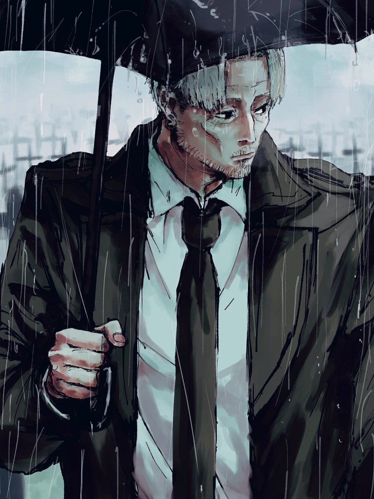 1boy necktie solo black necktie facial hair rain umbrella  illustration images