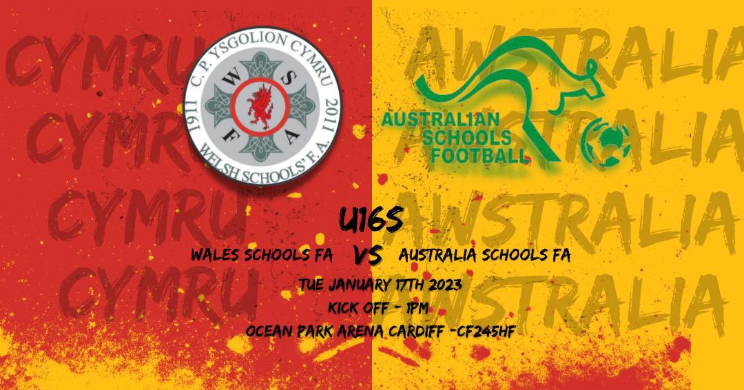 WSFA_InterAssoc's tweet photo. International Match | WSFA u16s Boys 🏴󠁧󠁢󠁷󠁬󠁳󠁿⚽️ 🇦🇺

🏆 | #InternationalMatch
⚽️ | @SchoolSportAust
🏟️ | @oceanparkarena1 
📆 | 17.01.2023
⌚️ | 1PM KO
📍 | CF245HF
📲 | LIVE UPDATES on @WSFA_InterAssoc #Twitter 

🤝 @WelshSchoolsFA @WelshSportAssoc 

#WSFA https://t.co/CoG3NCE6U4