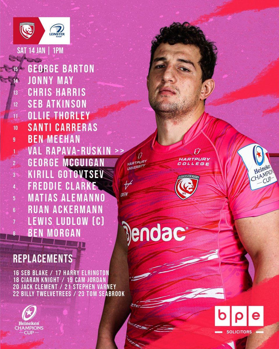 gloucesterrugby's tweet photo. 🍒 𝗘𝗨𝗥𝗢 𝗪𝗘𝗘𝗞 🔵

💪 Here is your Gloucester Rugby team to take on Leinster Rugby. You don't want to miss this one! 🤩

📰 https://t.co/7cejq69uKY
🎟 https://t.co/0RHt3cEhuF

🤝 Teamsheet proudly sponsored by BPE Solicitors 
#GLOvLEI // 🍒🔵 https://t.co/12395bdP9K