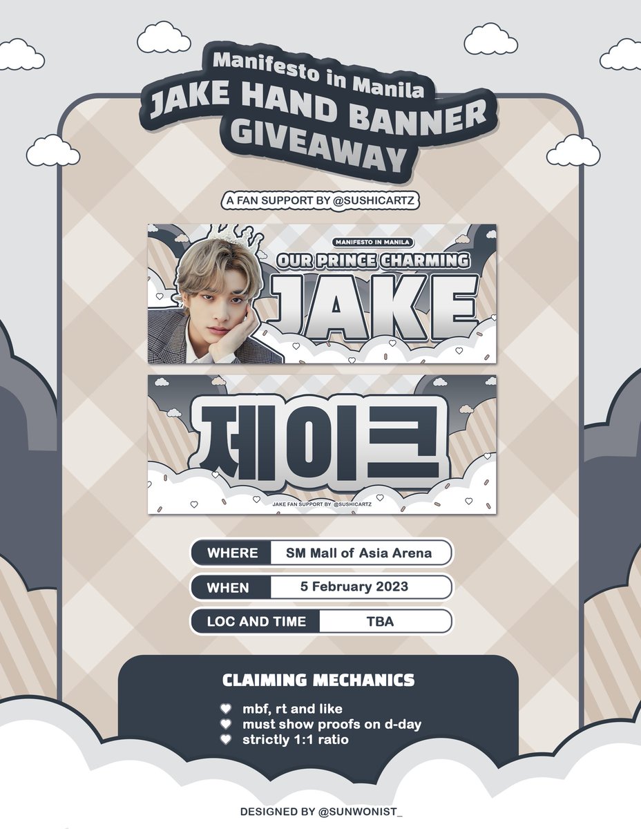 「 ENHYPEN #MANIFESTO_IN_MANILA 」
a fan support by @sushicartz

🏁 hello engenes! i'll be giving away free jake hand banners on feb 5!

    𓏔 mbf, rt, &amp; like
    𓏔 strictly 1:1 ; limited quantity
    𓏔 loc &amp; time: tba ! 

kindly check thread for more details below 🤍