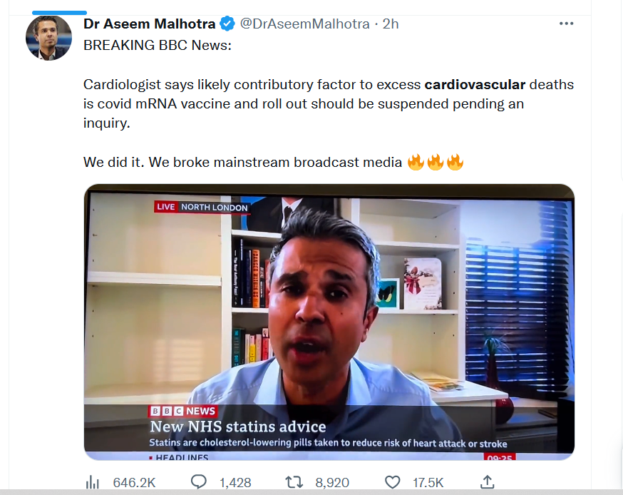 PeaseRoland's tweet image. "We did it. We broke mainstream media🔥🔥🔥"

Oh @BBCNews, cc @JamesTGallagher @BBCFergusWalsh - you have been played under the guise of a statins story into broadcasting anti-vaxx nonsense - the same nonsense that just got Andrew Bridgen suspended from @Conservatives