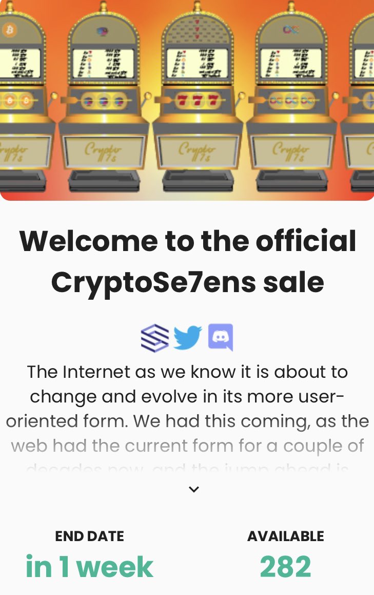 Last week of our #minting started. 💯
Did you get your #web3 slot? 🎰
The remaining #NFTs in the minting-pool will be split among #holders.

entrepot.app/sale/cryptose7…