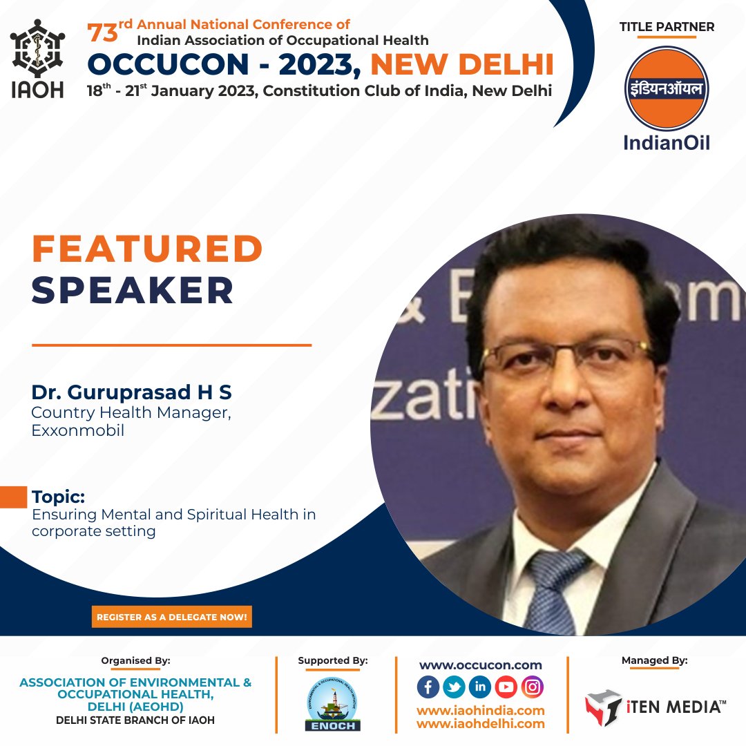 occucon's tweet photo. Pleased To Welcome Dr.Guruprasad H S, Country Health Manager @exxonmobil As Our "Esteemed Speaker" @occucon 2023 New Delhi, The 73rd Annual National Conference of IAOH
👉Register Now: https://t.co/2NZAlK9ZBY
👉18th–21st Jan23,CCl, New Delhi.
#occucon2023newdelhi #wellness #health https://t.co/dsAcqi3DwV