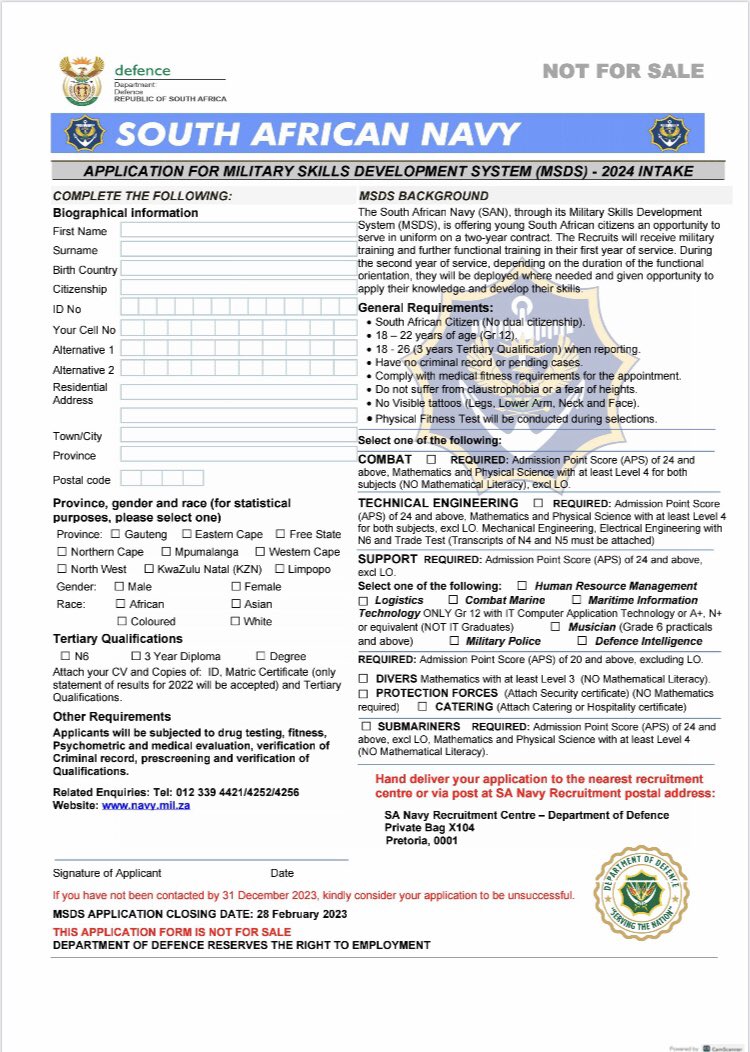 South African National Defence Force Application Forms for 2024… Closing date: 28 February 2023… Age: 18-22 with Matric and 18-26 with a Tertiary Qualification… different Career path options everything is on the forms. Please retweet to spread the word!!! 📢📢
