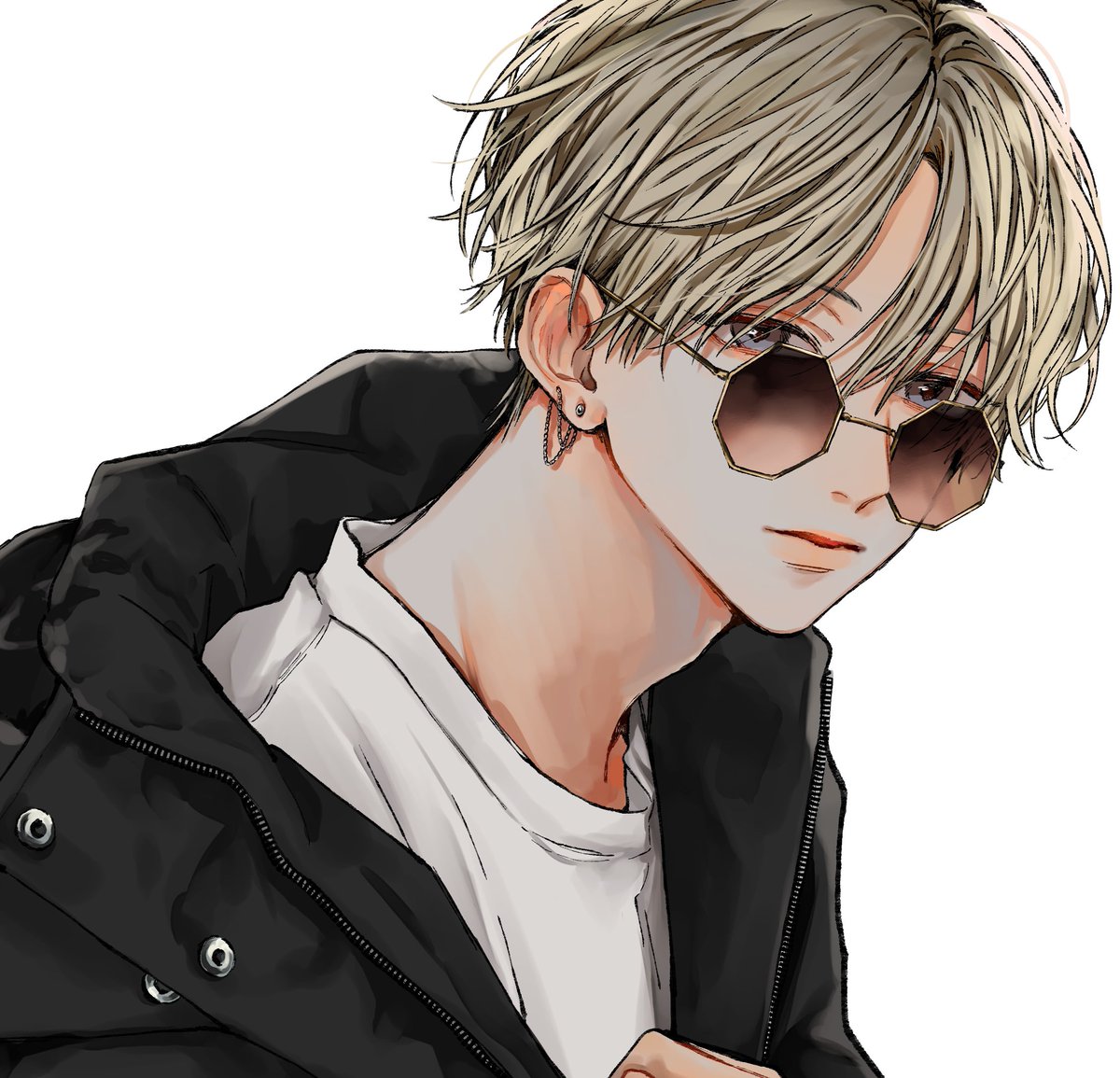 1boy solo earrings male focus jewelry white background sunglasses  illustration images