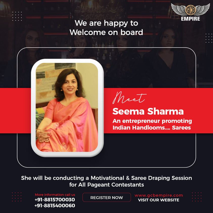 GCBEmpire's tweet photo. We are immensely happy to welcome on board Seema Sharma- An Entrepreneur promoting Indian Handilooms... Sarees. She is founder of Nari in a Saree. She will be conducting motivational &amp; saree draping sessions with all our pageant contests. https://t.co/wc9OagnsP0