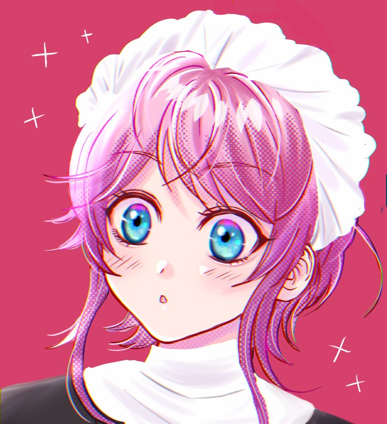 solo blue eyes 1girl blush pink hair maid headdress pink background  illustration images