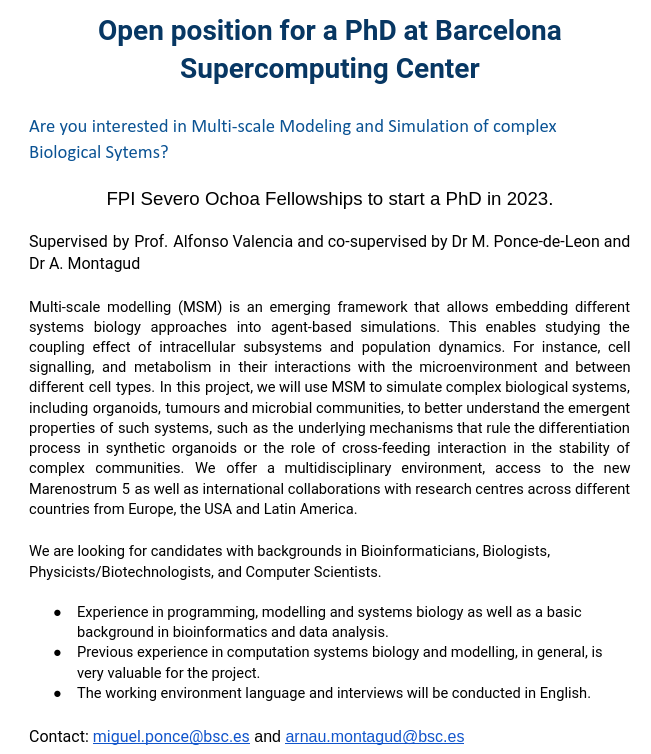 Do you want to start s PhD in Multi-scale systems biology at the @BSC_CNS ? We are opening a new position!
@Alfons_Valencia 
@ArnauMontagud 
@PerMedCoE 
@albajene