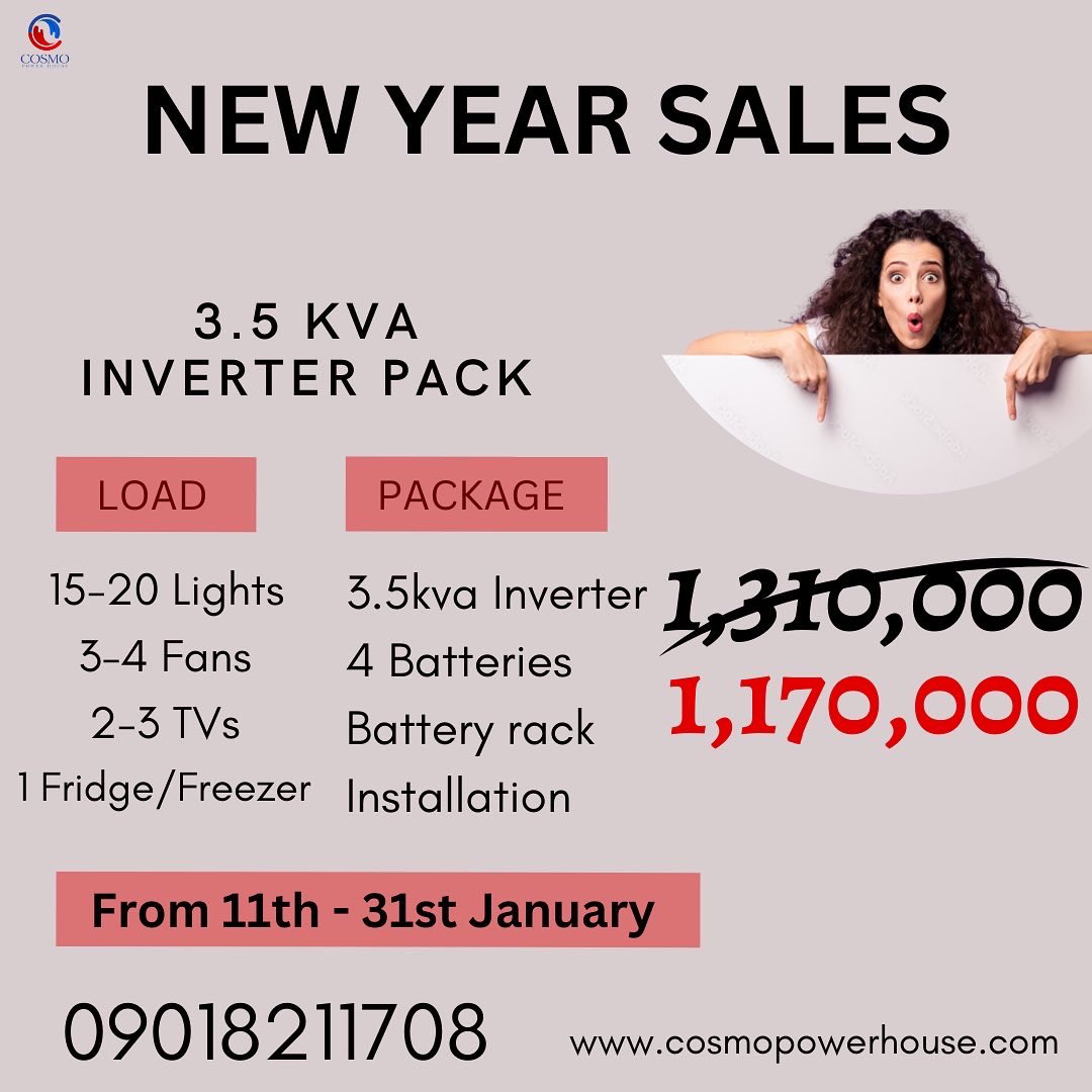 Cosmopowerhouse's tweet photo. Have you ever considered getting an inverter system before? Well, now is the time. 
Cosmo Powerhouse is running massive sales on some of our inverter packages all through January…

Don’t miss out on this
Send us a dm for more information‼️ https://t.co/JZWS0rbPLM