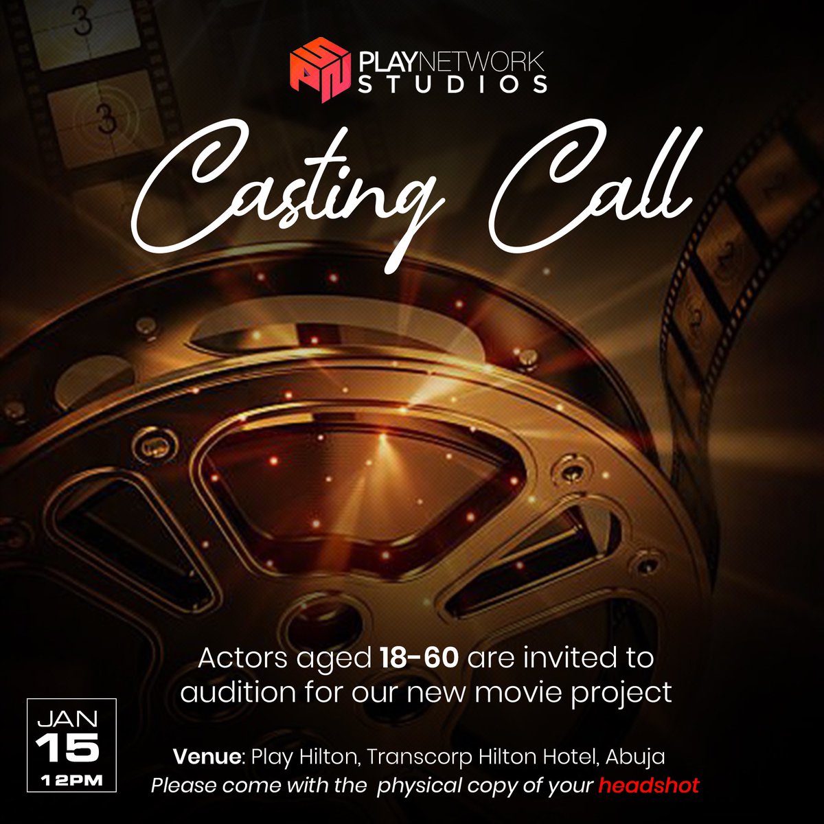 playstudiosafr's tweet photo. SUNDAY JANUARY 15th, ABUJA, we’re holding auditions for one of our very exciting projects! Tell your actor/potential actor friends. Call time is 12PM at Play Hilton. See you there.
#PlayNetworkStudios #CastingCall https://t.co/0sNCHO2esO
