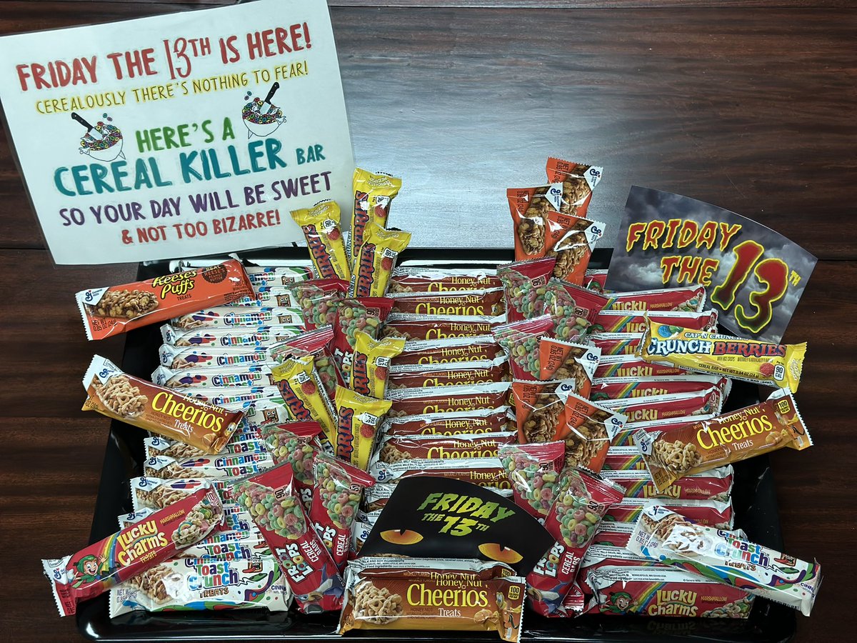 paulapbtinker's tweet photo. Friday the 13th is here! Cerealously there’s nothing to fear. Here’s a CEREAL KILLER bar so your day will be sweet and not too bizarre! #NoBadVibes #JustGoodFun #WeLeadTX @HeadStartHeroes https://t.co/MWhX0fJxwX