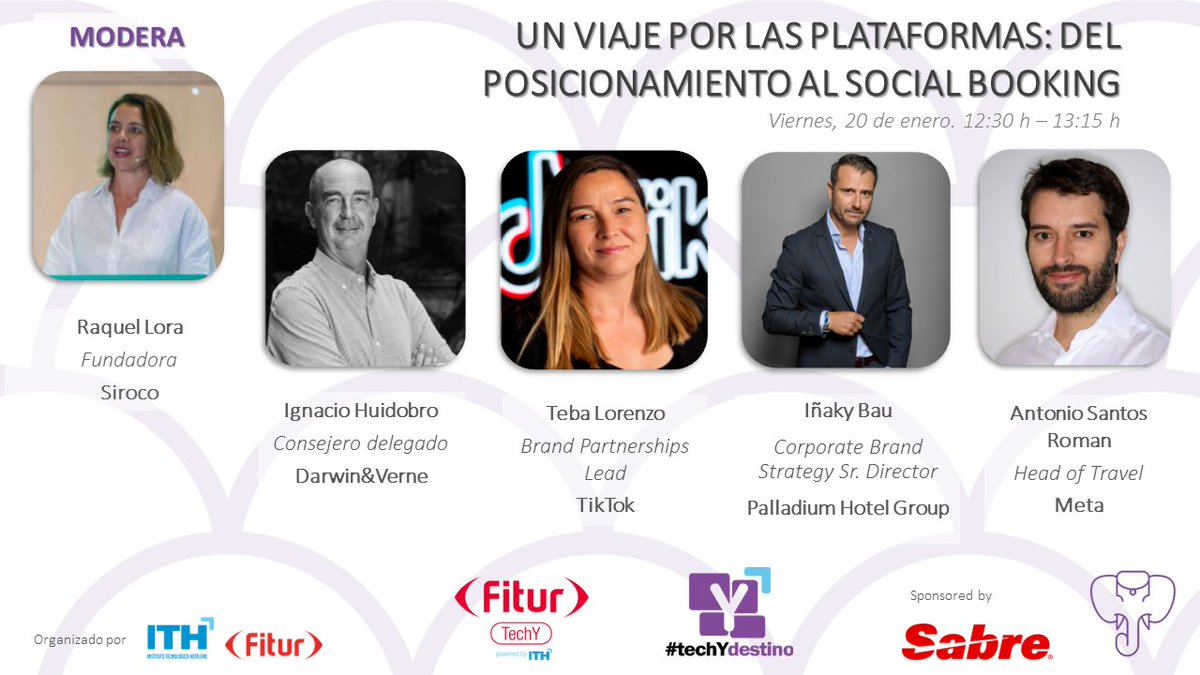 💡Ven a #FITURTECHY23 y disfruta el viernes 20 la mesa "Un viaje por las plataformas" en #techYdestino con:
👉 <a href="/raquelora_/">Raquel Lora</a> Siroco
👉Ignacio Huidobro <a href="/DarwinVerne/">Darwin & Verne</a>
👉 Teba Lorenzo <a href="/TikTok_ES/">TikTok España</a>
👉Iñaky Bau <a href="/PalladiumHG/">PalladiumHG</a> 
👉Antonio Santos #Meta
ℹ️➡️cutt.ly/q2La52g