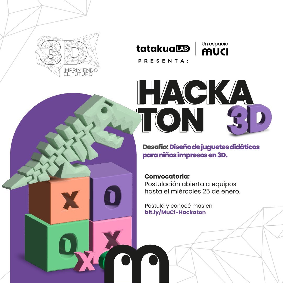 muci_py's tweet image. MuCi te invita a la Hackatón 3D: Diseñando el futuro 📣

💡 Desafío: Diseño de juguetes lúdicos para niños con impresión 3D. 
👉🏻 Dirigido a: Estudiantes universitarios y profesionales multidisciplinarios. 

📅 Postulá en bit.ly/MuCi-Hackaton 
✅ +Info bit.ly/press-hackaton…