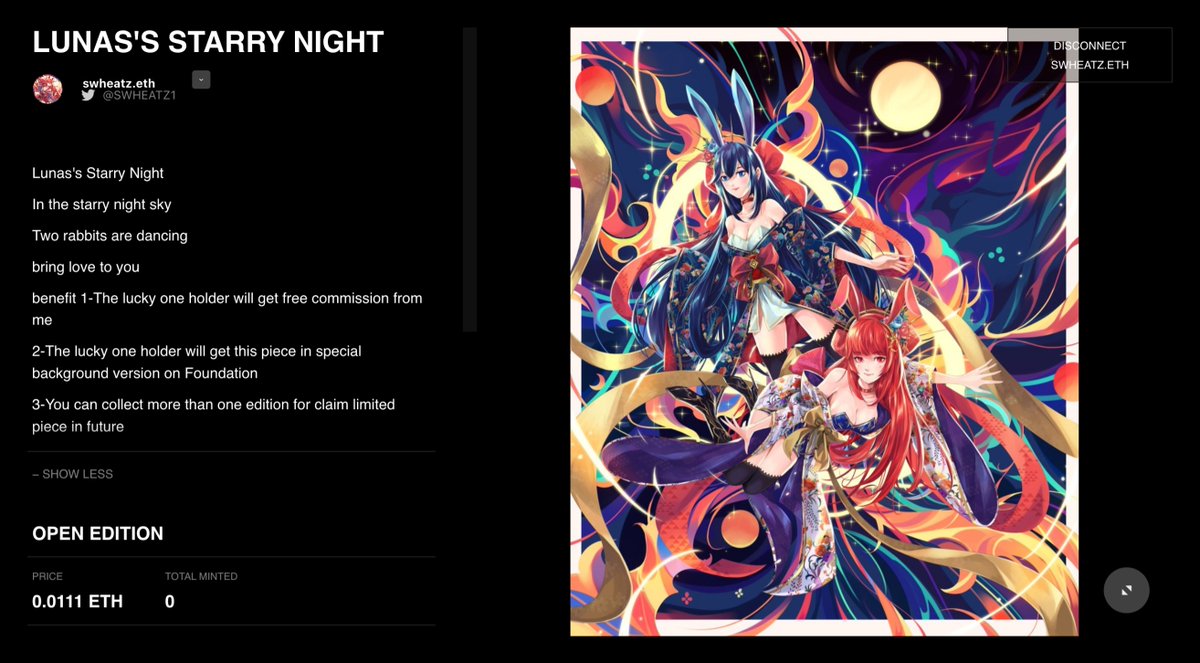 Lunas's Starry Night - open edition 0.0111/edt
app.manifold.xyz/c/LUNASSTAR
In the starry night sky 
Two rabbits are dancing
bring love to you

check benefit below🔽