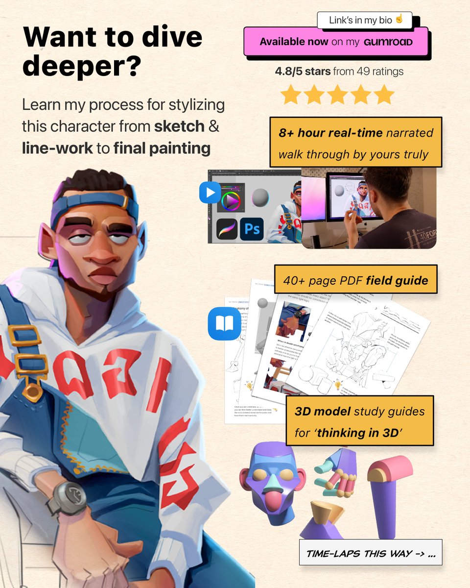 bennyeblen's tweet image. 7/8 🧵 If you're enjoying this stylized character stuff, I think you'll like my latest tutorial 👇 beneblen.gumroad.com/l/stylizedChar…
- 🎥 8+ hour real-time walkthrough
- 📚 40+ page Field guide
- 🗿 3D models to study from
- 📁 PSD files & a Procreate tutorial to reference from