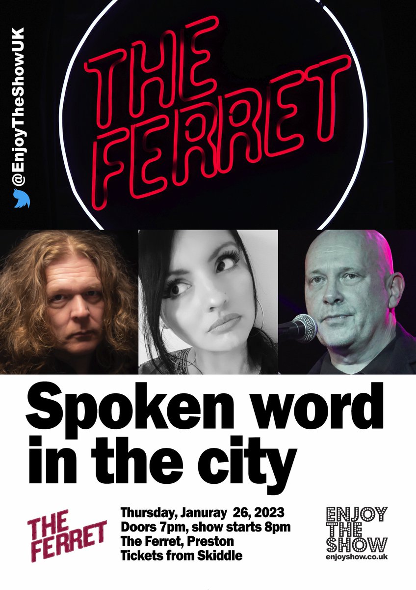 PRESTON - are you coming?
SPOKEN WORD IN THE CITY
A diverse range of the North’s strongest voices descend on Preston later this month for a powerful night of poetry.

Thursday, Jan 26. @FerretPreston 
@DarwinPoet @Sharenaleesatti #richdavenport 

Tkts:  skiddle.com/whats-on/Prest…