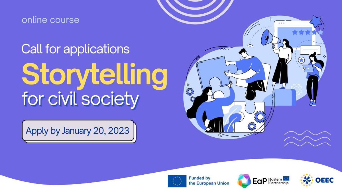 Call for Online Course - ‘Storytelling for Civil Society’ 2023
The course will run over several months and will include a mixture of ‘live’ workshops, video tutorials, individual coaching, and home assignments.
Apply before the 20th of January. 
bit.ly/3kfUegE