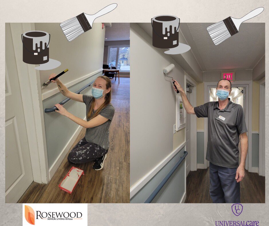 Jess and Steve have been working hard to give Rosewood RVilla a fresh new look.  They are painting the hallways, activity room, sitting rooms and offices.   Residents and staff can not wait to see the final outcome! #rosewoodrvilla #freshnewlook #retirement #UniversalCare #Ripley
