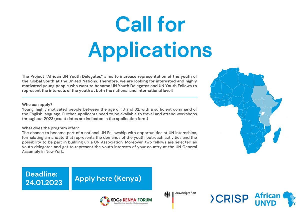 The SDGs Kenya Forum in collaboration with CRISP the Project “African UN Youth Delegates” invites applications from young, highly motivated people between the age of 18 and 32.

Apply now via: forms.gle/vuggBzigwYoXg7…

Deadline: 24.01.2023

Share with your networks.

#YouthforSDGs