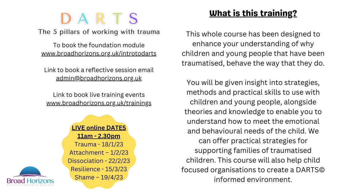 horizons_broad's tweet photo. Don't miss out as we are limiting spaces on our online trainings. The first in our series is 11.00am on Wednesday 18th January 2023  and will focus on working with Developmental Trauma. To find out more or book on our website via the Training page https://t.co/SNyxMB4BdV
#trauma https://t.co/HhnoRRnQ7G